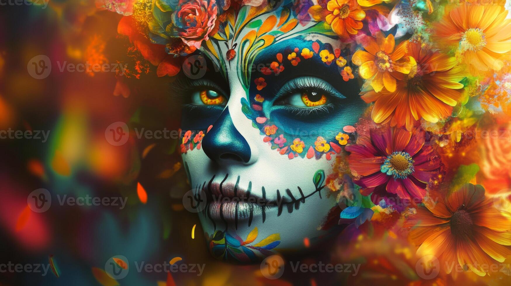 A Woman's Face with Floral Makeup and a Day of the Dead Style photo
