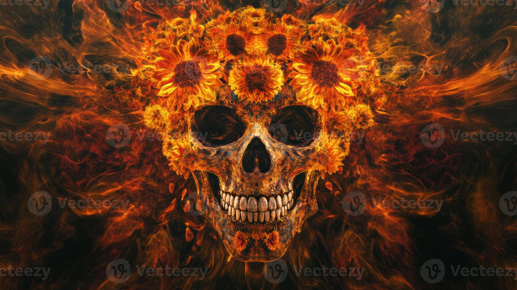 A Human Skull Surrounded by Sunflowers in a Fiery Blaze photo