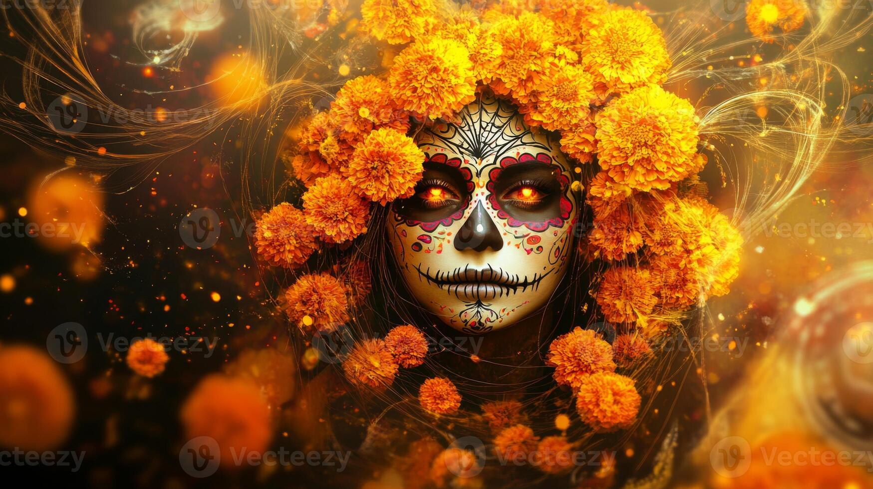 A Woman with Sugar Skull Makeup Surrounded by Marigolds photo