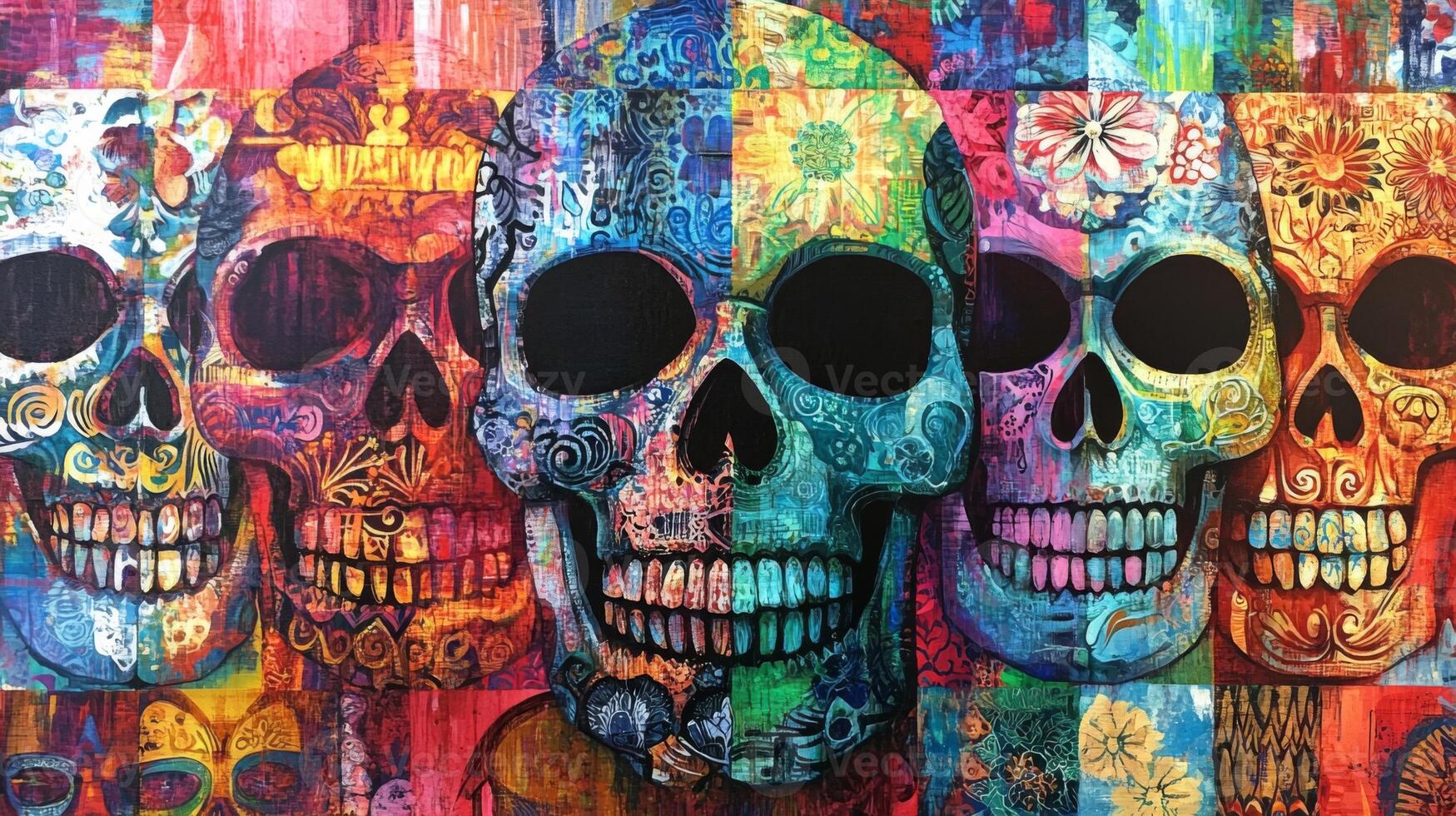 Colorful Skulls with Floral Designs and Abstract Patterns photo
