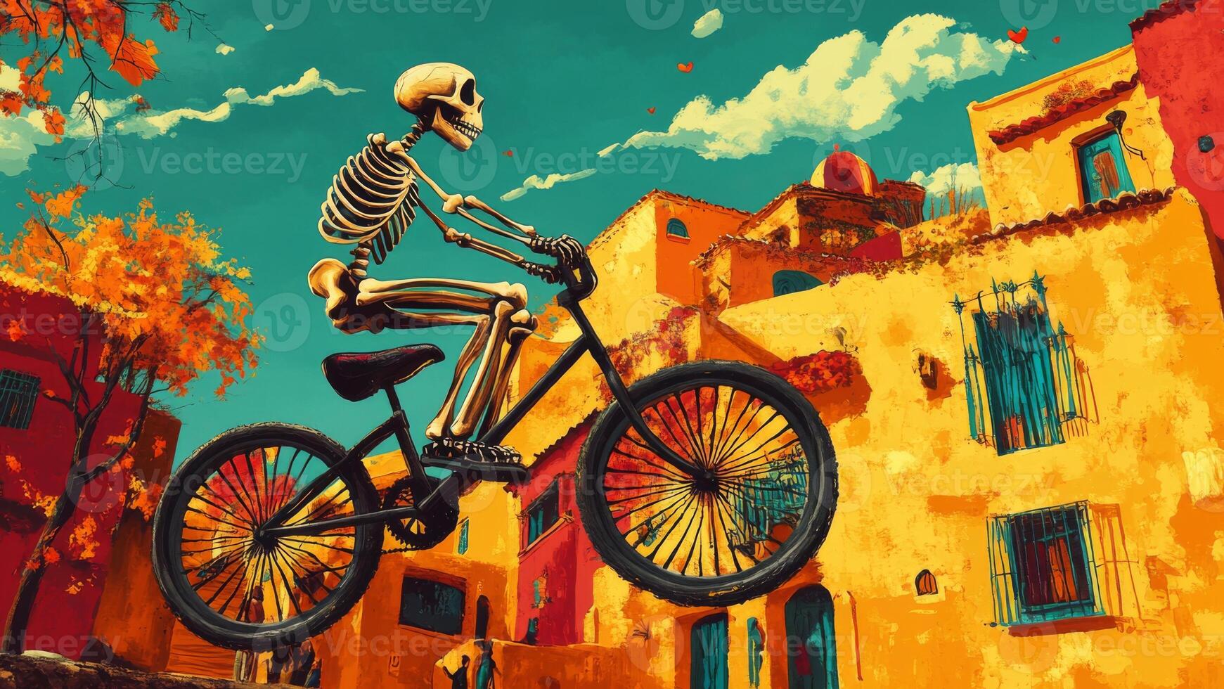 Skeleton Riding a Bicycle in a Colorful Town photo