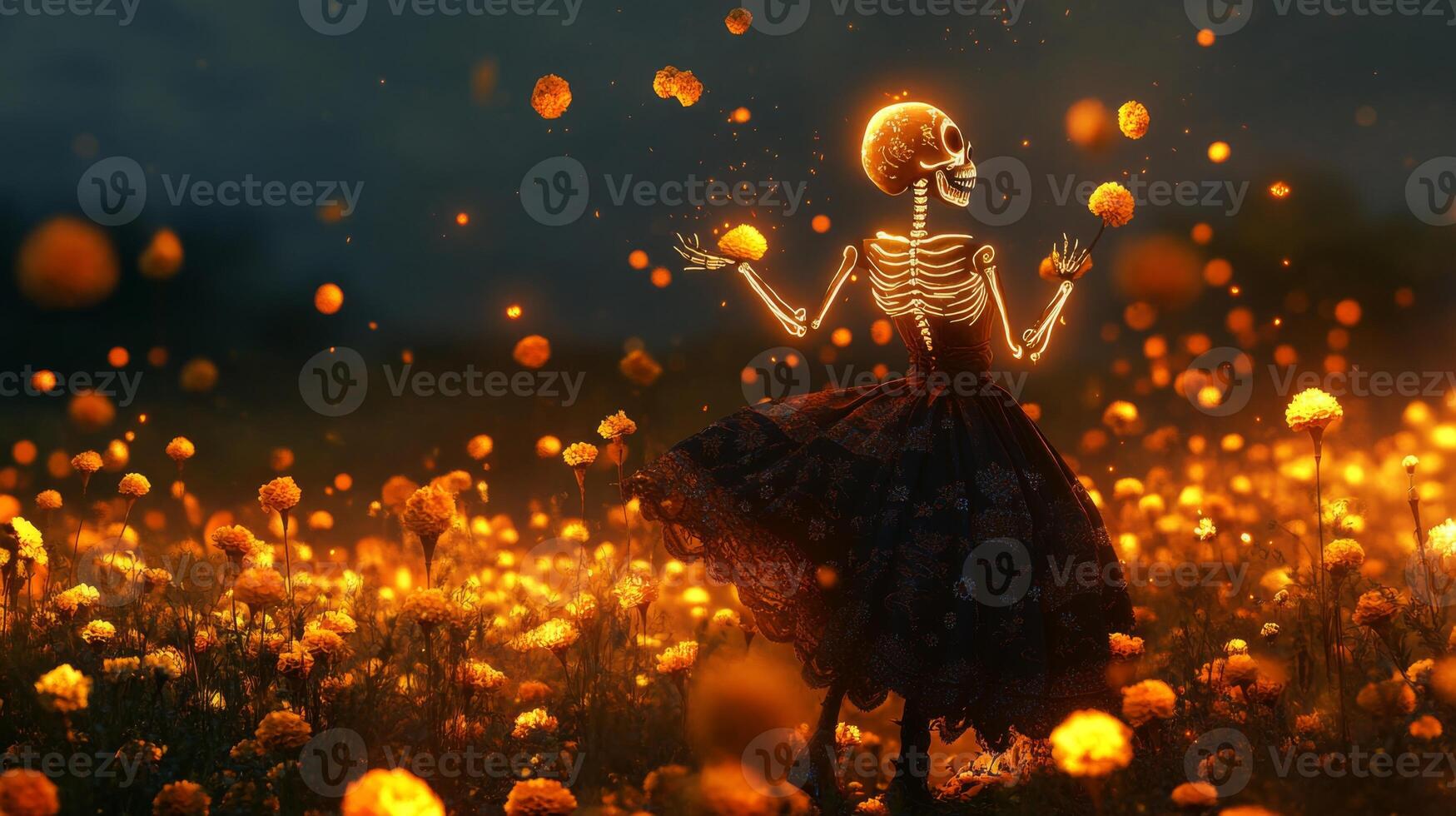Skeleton in a Dress Dancing in a Field of Flowers photo