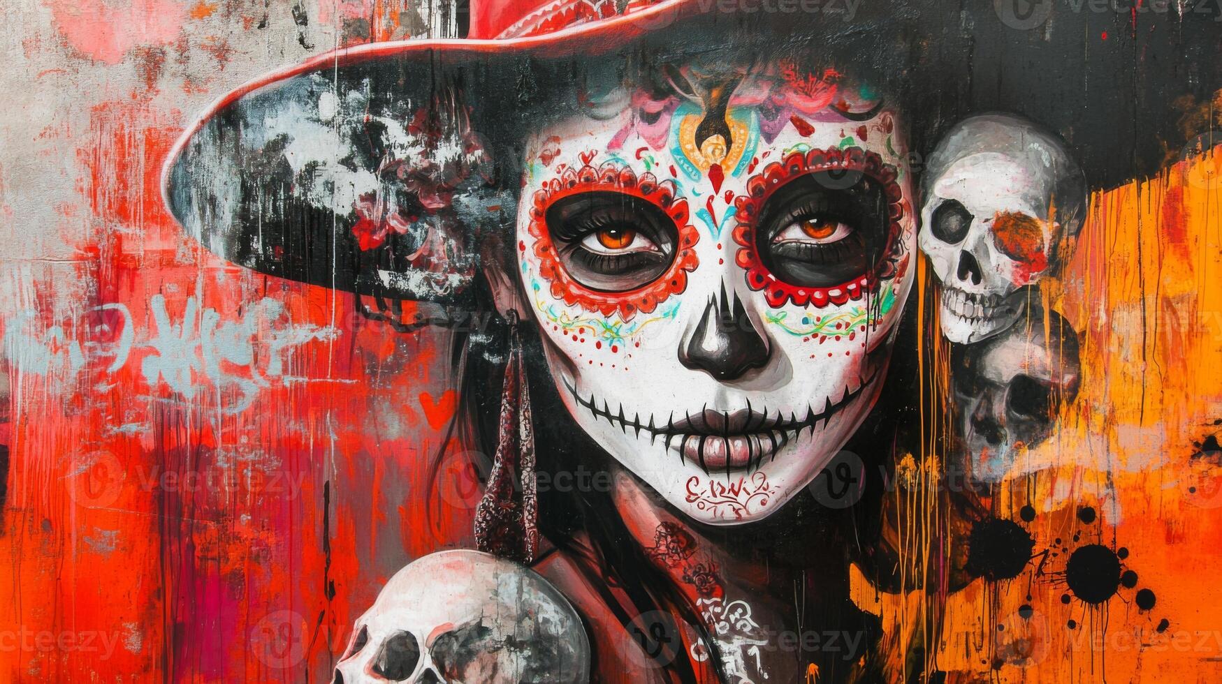 A Woman with Sugar Skull Makeup and Skulls Surrounding Her in an Abstract Mural photo