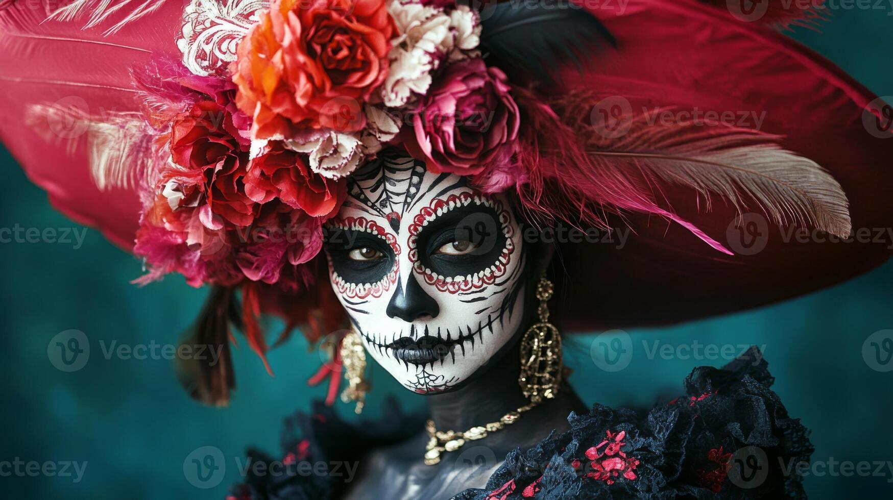 A Woman Dressed in Day of the Dead Makeup and a Red Hat with Feathers photo