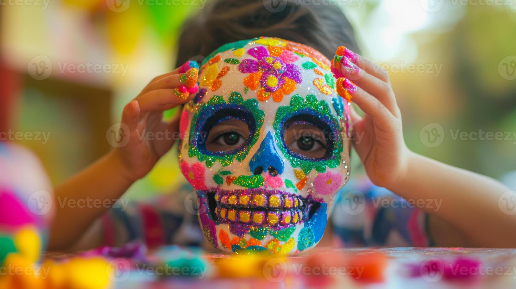 A Child Holding a Colorful Glittery Sugar Skull photo