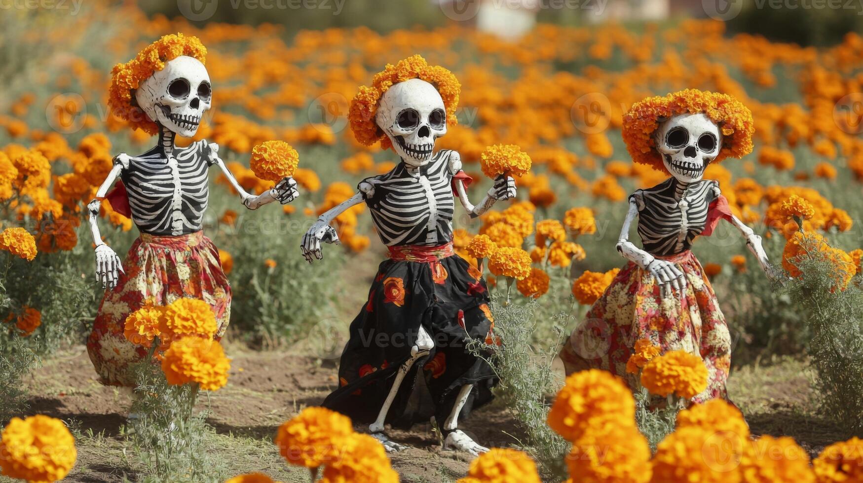 Three Skeleton Figures in a Field of Marigolds photo