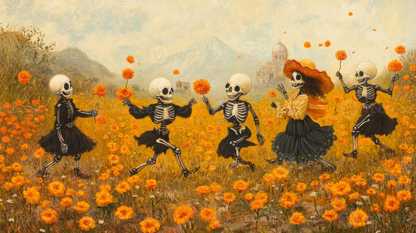 Skeletons Dancing in a Marigold Field photo