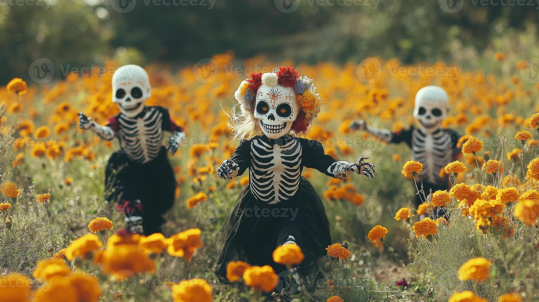 Three Children in Skeleton Costumes Walking Through a Field of Marigolds photo