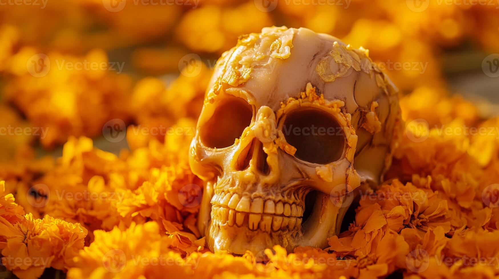 Human Skull Surrounded by Marigold Petals photo
