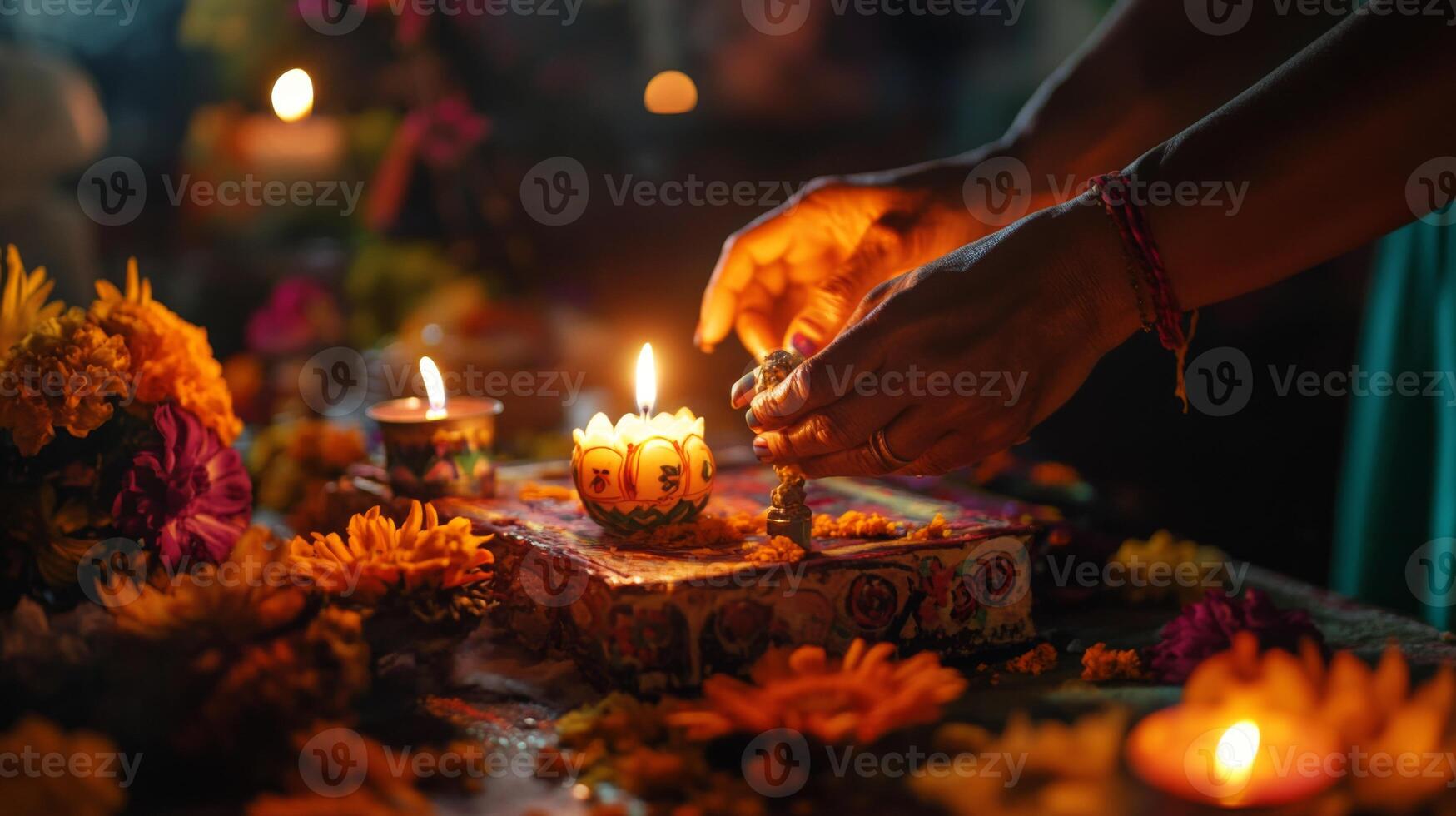 Hands Lighting Candles and Incense in a Ritual Setting photo