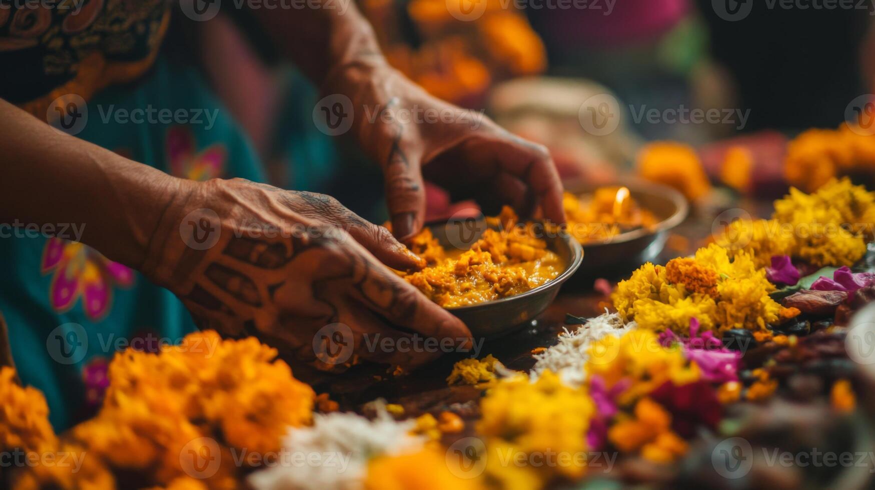 Woman's Hand Placing Offering in Bowl Amidst Yellow Flowers photo