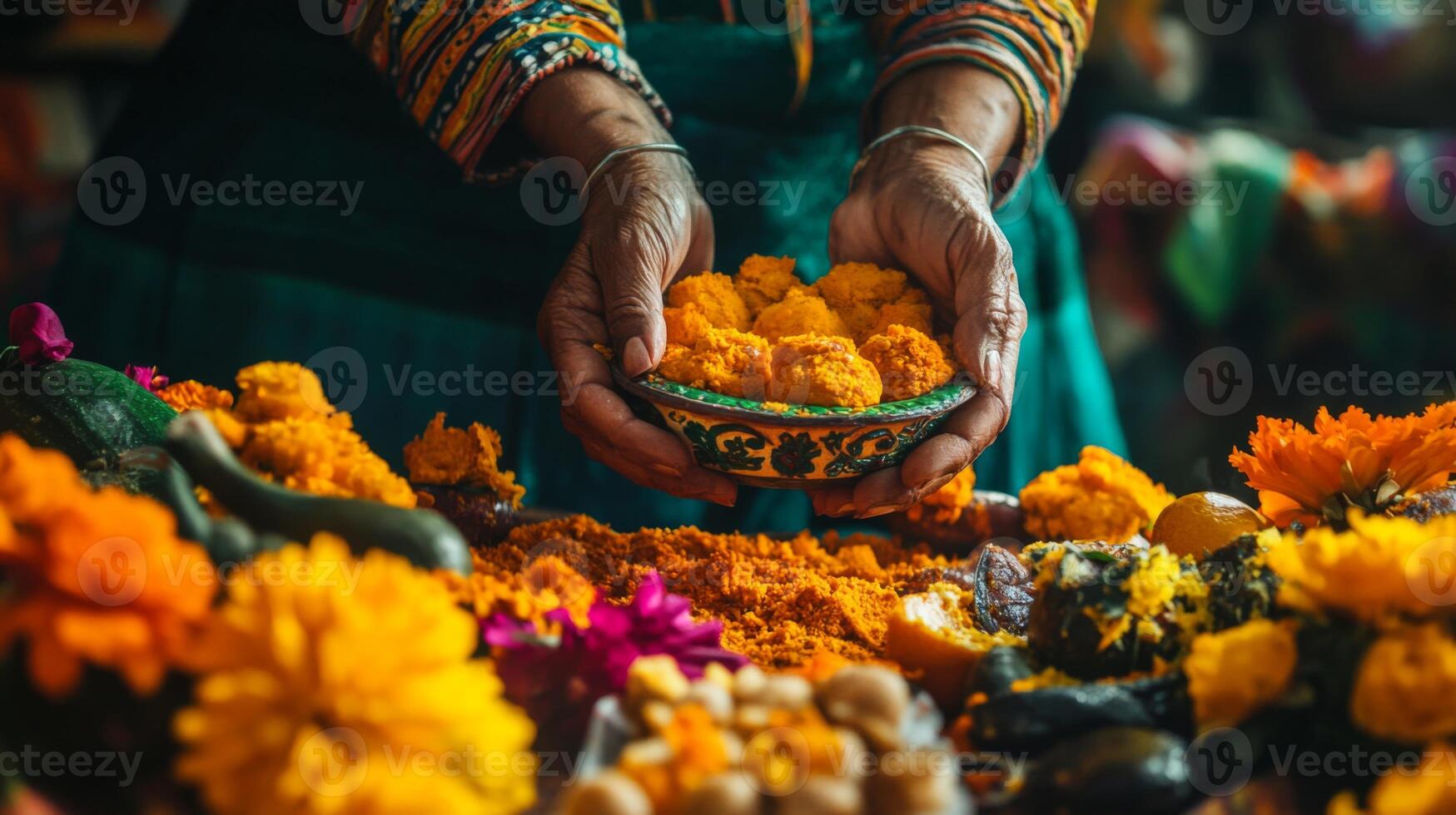 Woman's Hands Holding Bowl of Yellow Flower Buds photo