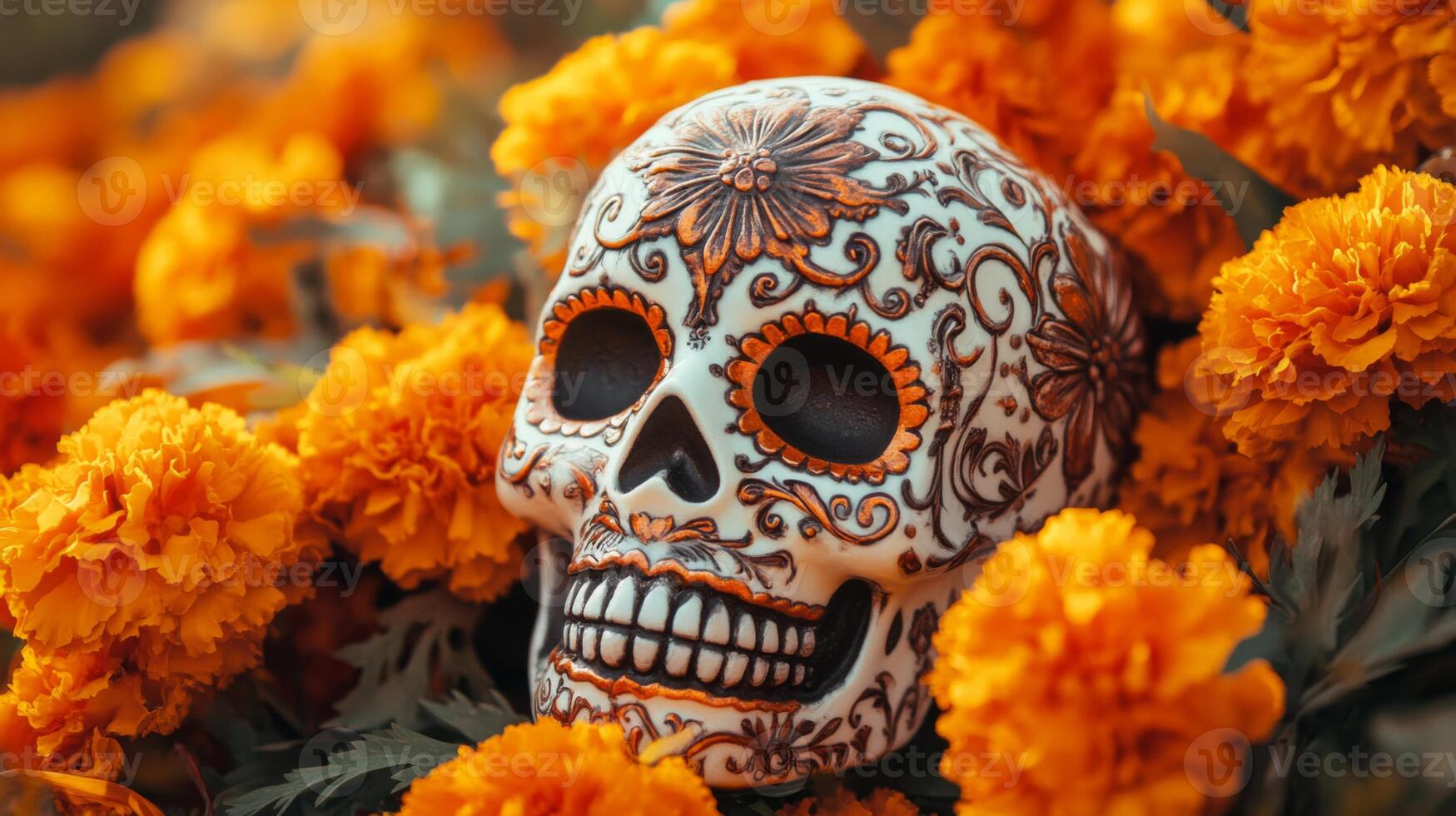 Sugar Skull Decorated with Intricate Designs Surrounded by Marigold Flowers photo