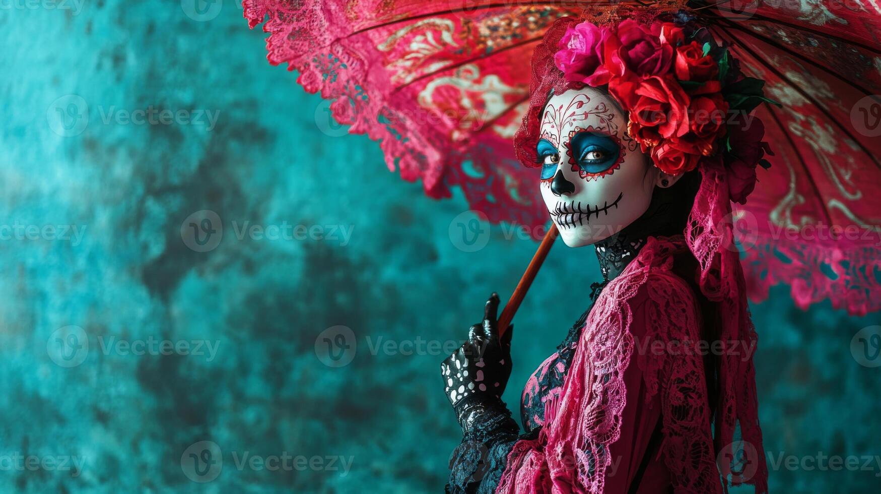 Woman in Sugar Skull Makeup Holding a Red Lace Umbrella photo