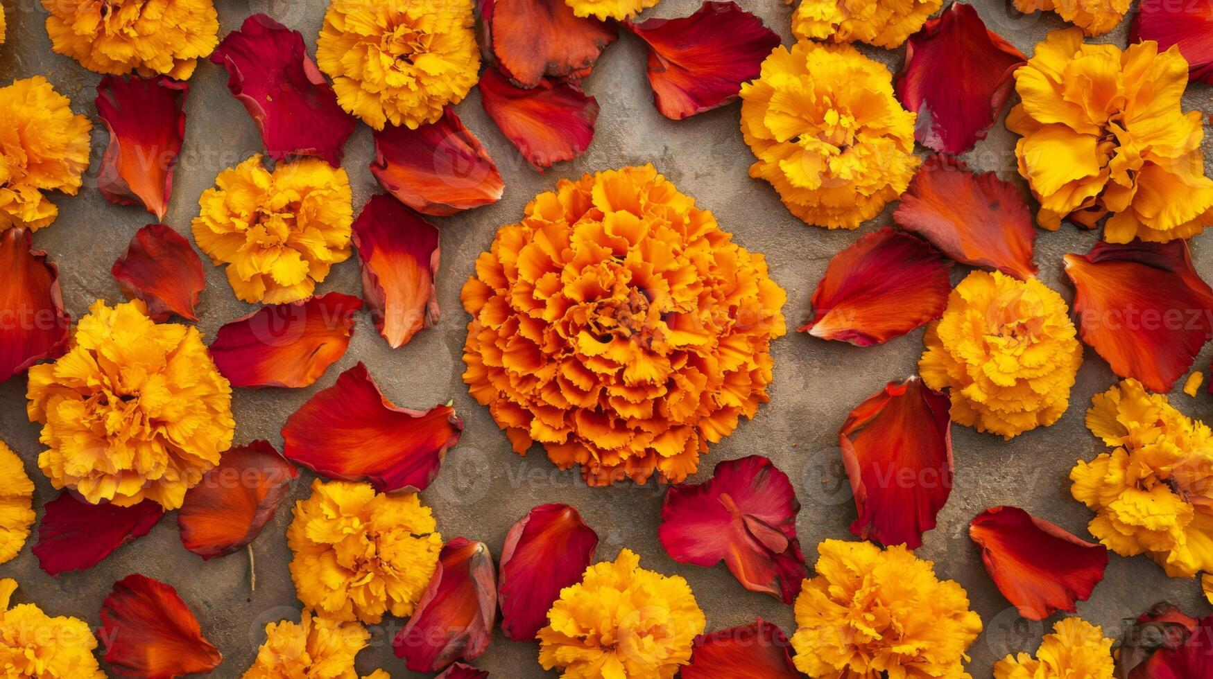 Orange and Red Flowers and Petals Scattered on a Grey Surface photo