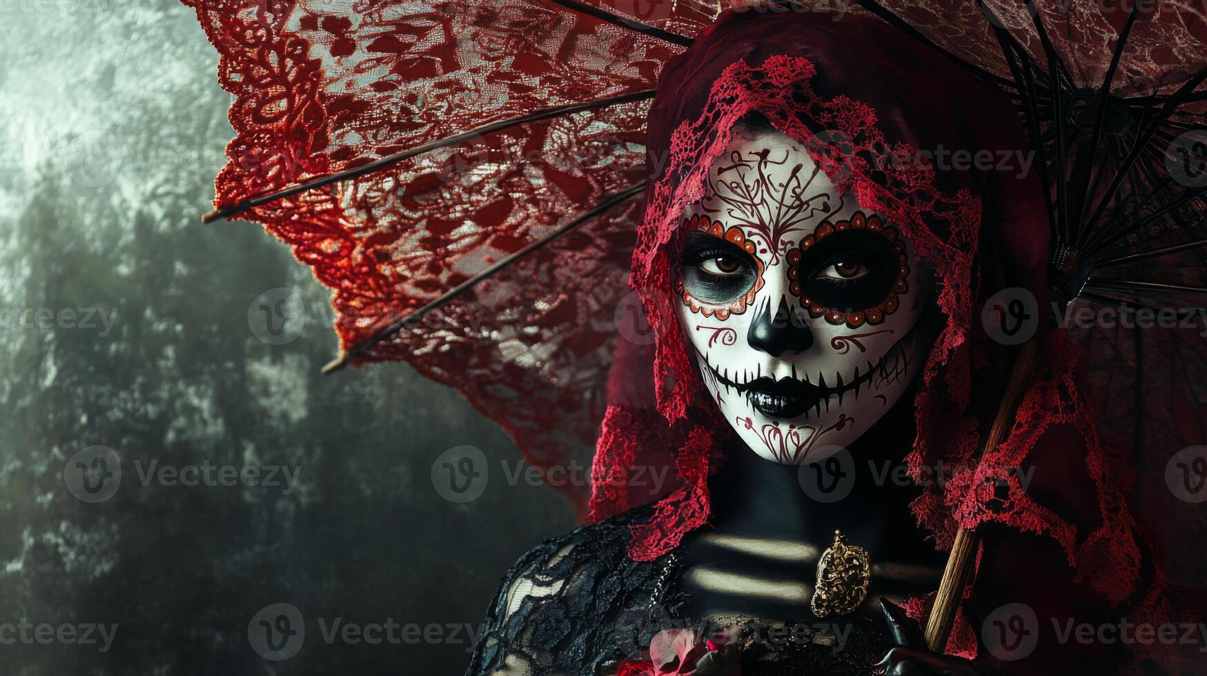 Woman in Red Veil with Sugar Skull Makeup photo
