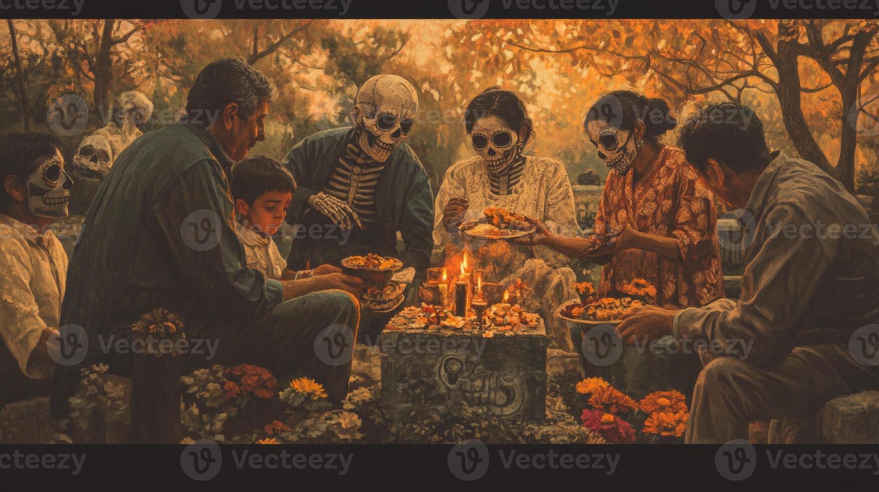 A Family Gathering with Skeletons Wearing Skull Masks in a Cemetery photo
