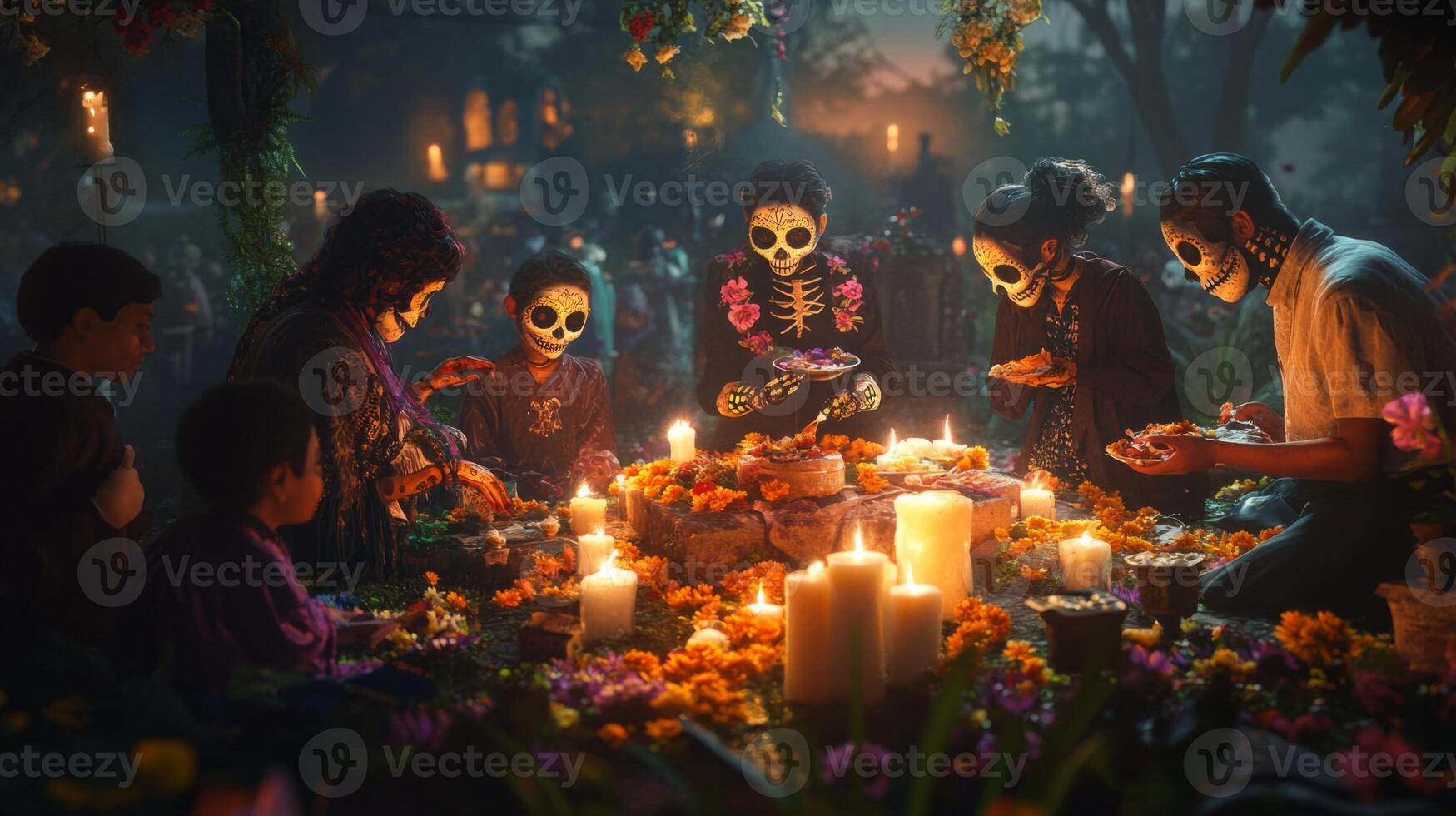 A Family Celebrates Da de Muertos with Candles and Sugar Skulls photo