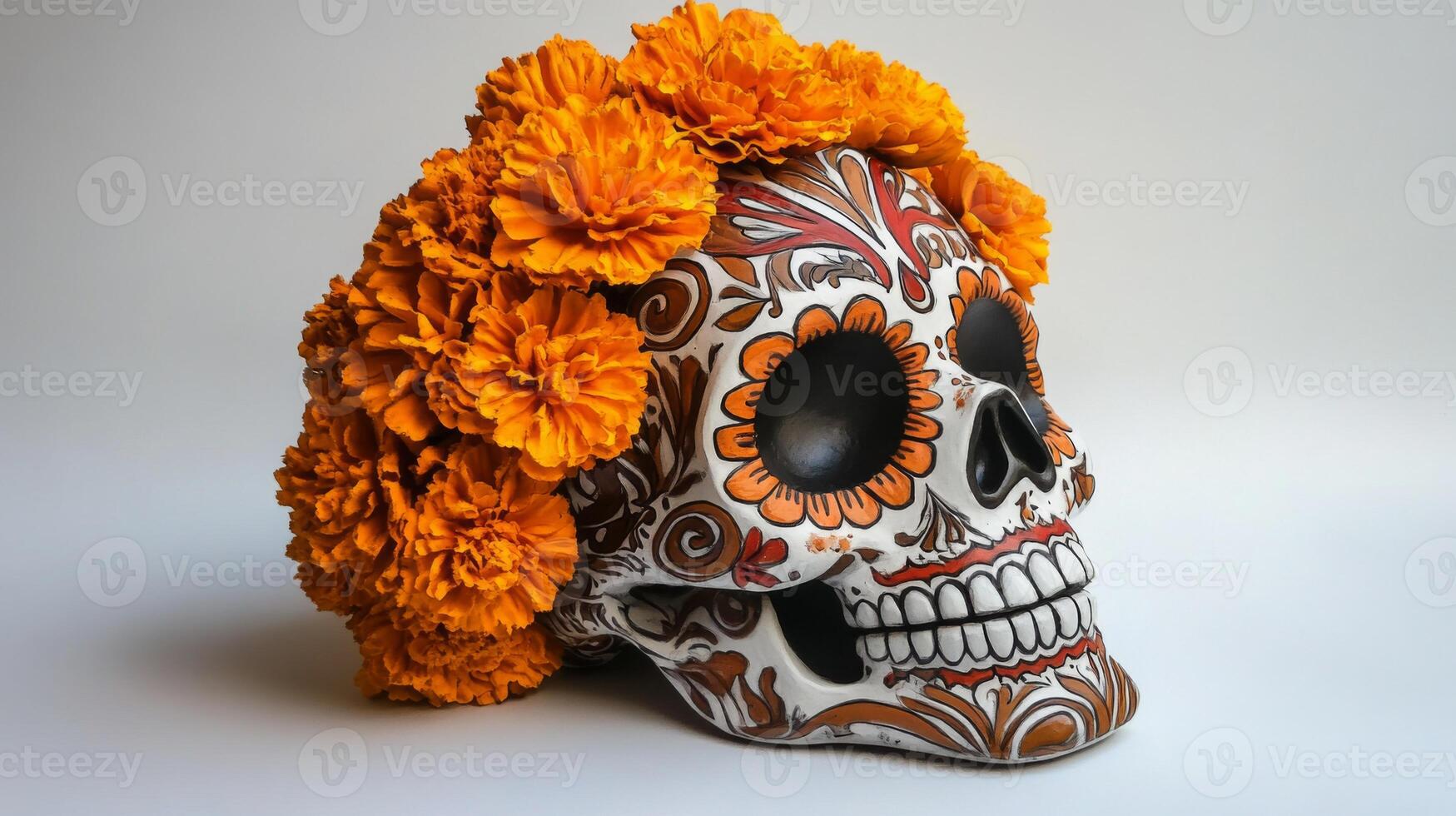 Ornate Sugar Skull Adorned with Marigolds photo