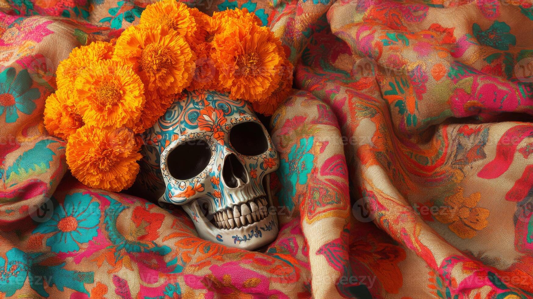 Decorated Skull Adorned with Marigolds on Colorful Fabric photo