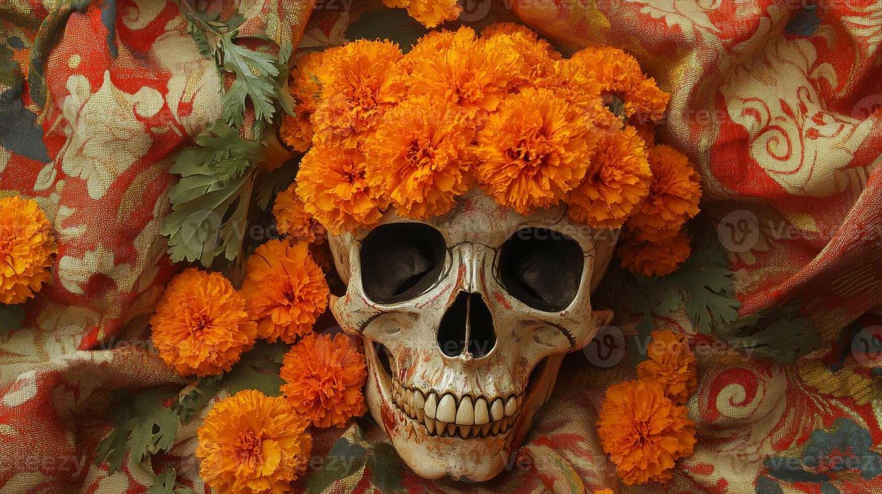 A Sugar Skull Adorned with Orange Marigolds and Green Foliage photo