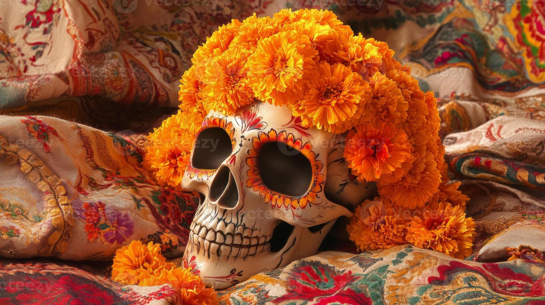 Decorated Skull Adorned with Orange Flowers on a Floral Fabric photo