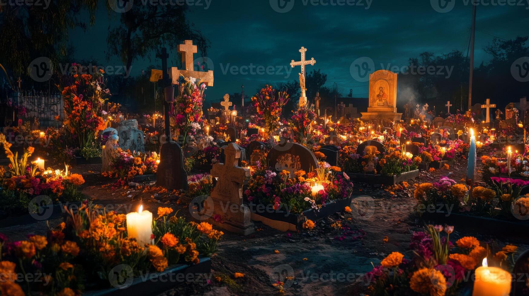 Candles and Flowers at a Graveyard During the Day of the Dead Celebration photo