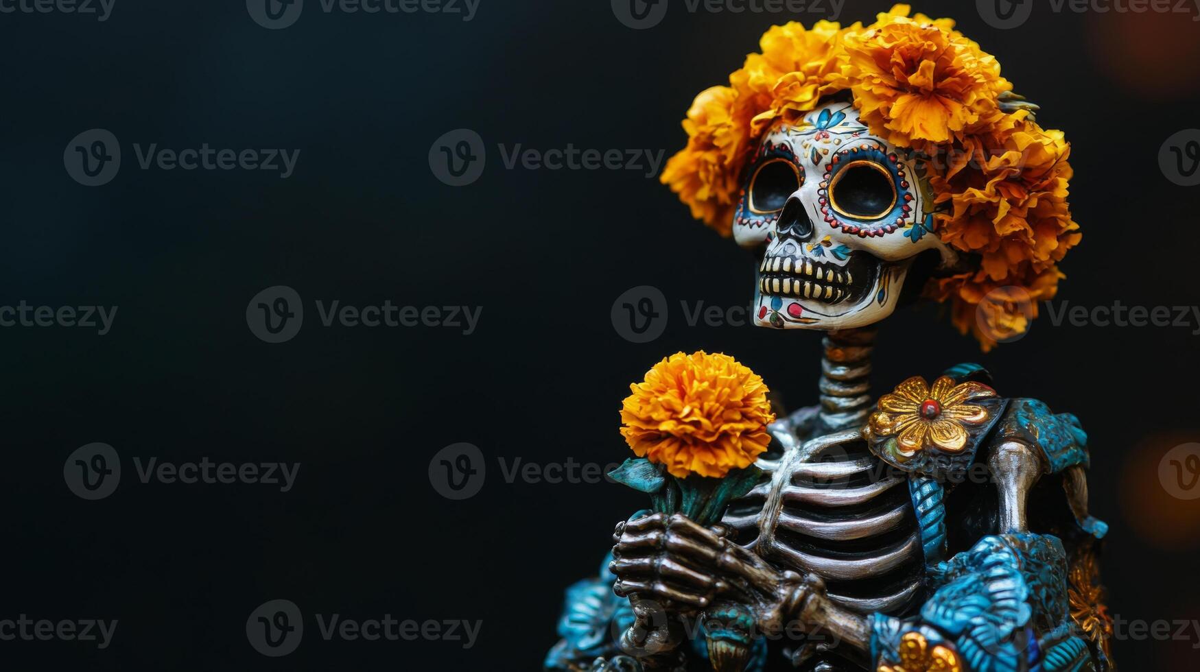 Decorated Sugar Skull Skeleton Holding Marigolds photo