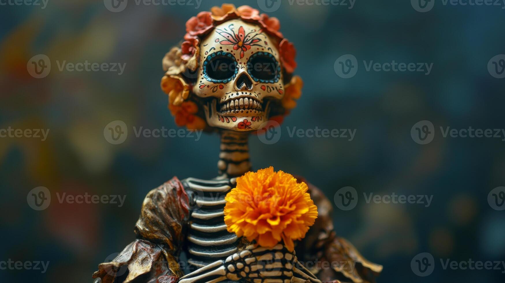 Sugar Skull Skeleton Holding a Yellow Marigold Flower photo