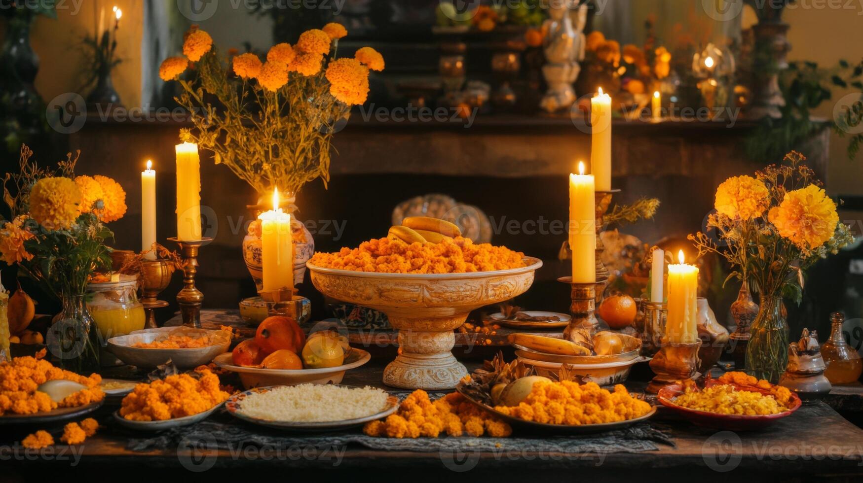 Altar Decorated with Candles, Flowers, and Food Offerings photo