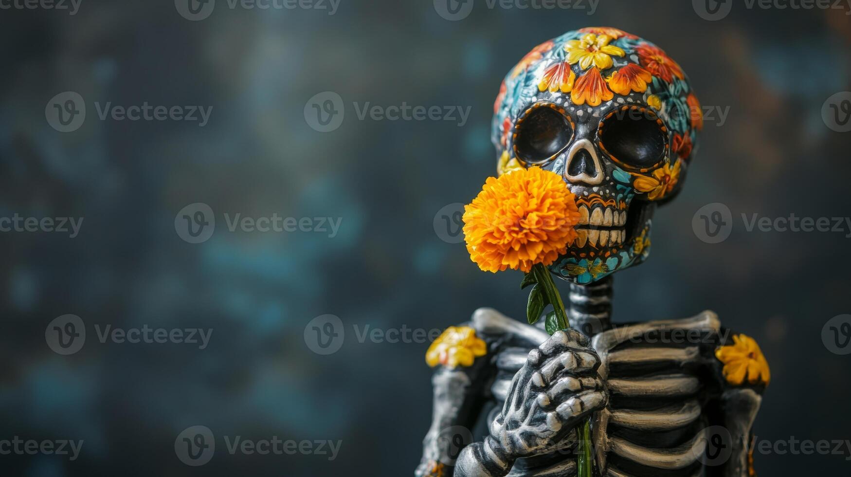 Decorated Skull Skeleton Holding a Marigold photo