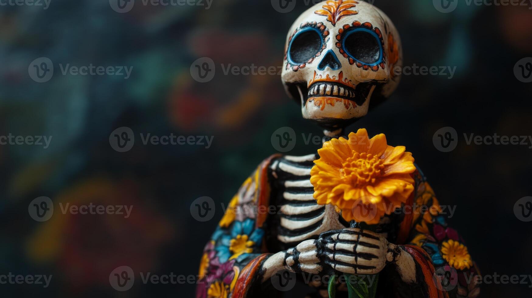 Decorated Sugar Skull Skeleton Holding a Yellow Flower photo