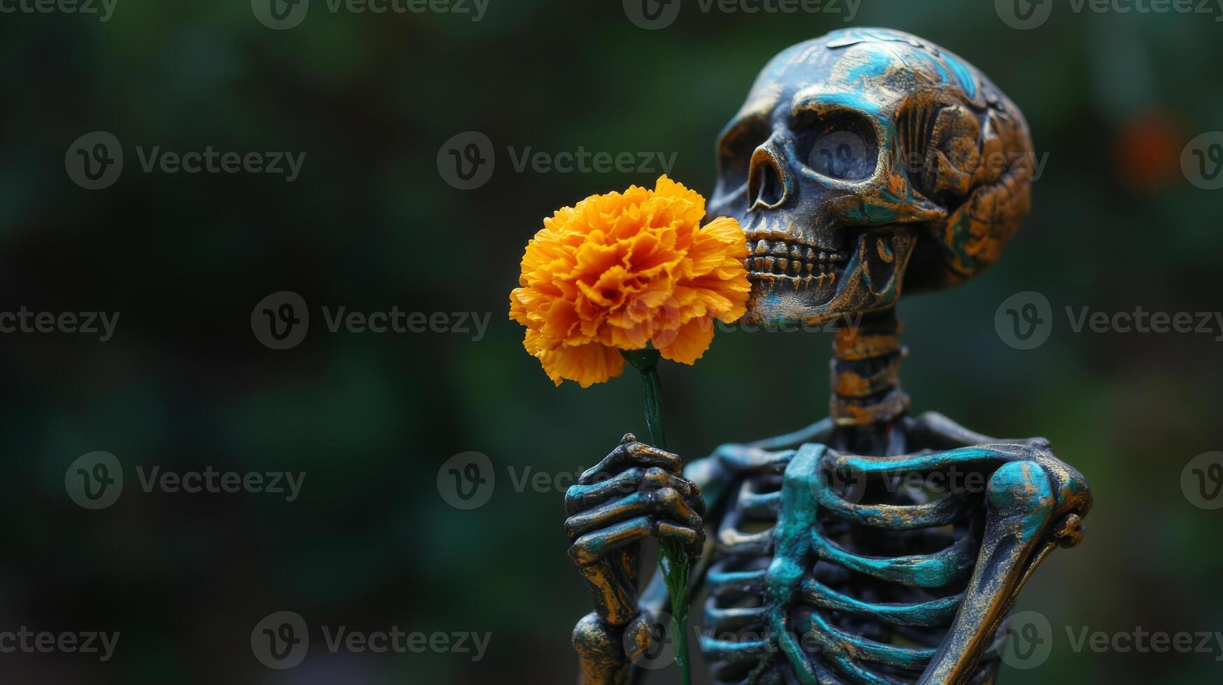 A Metallic Skeleton Holding an Orange Flower photo