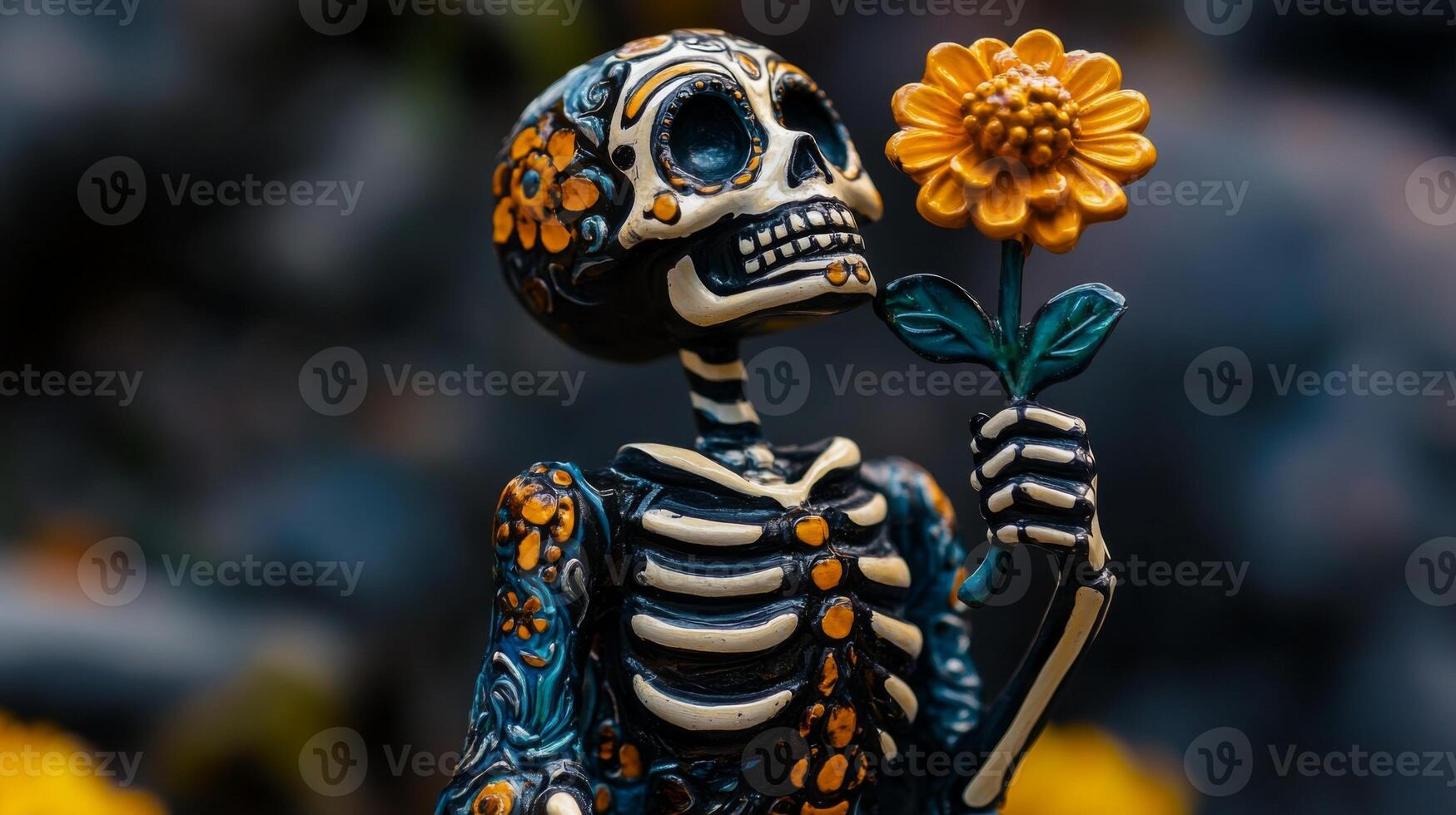 Sugar Skull Figurine Holding a Yellow Flower photo