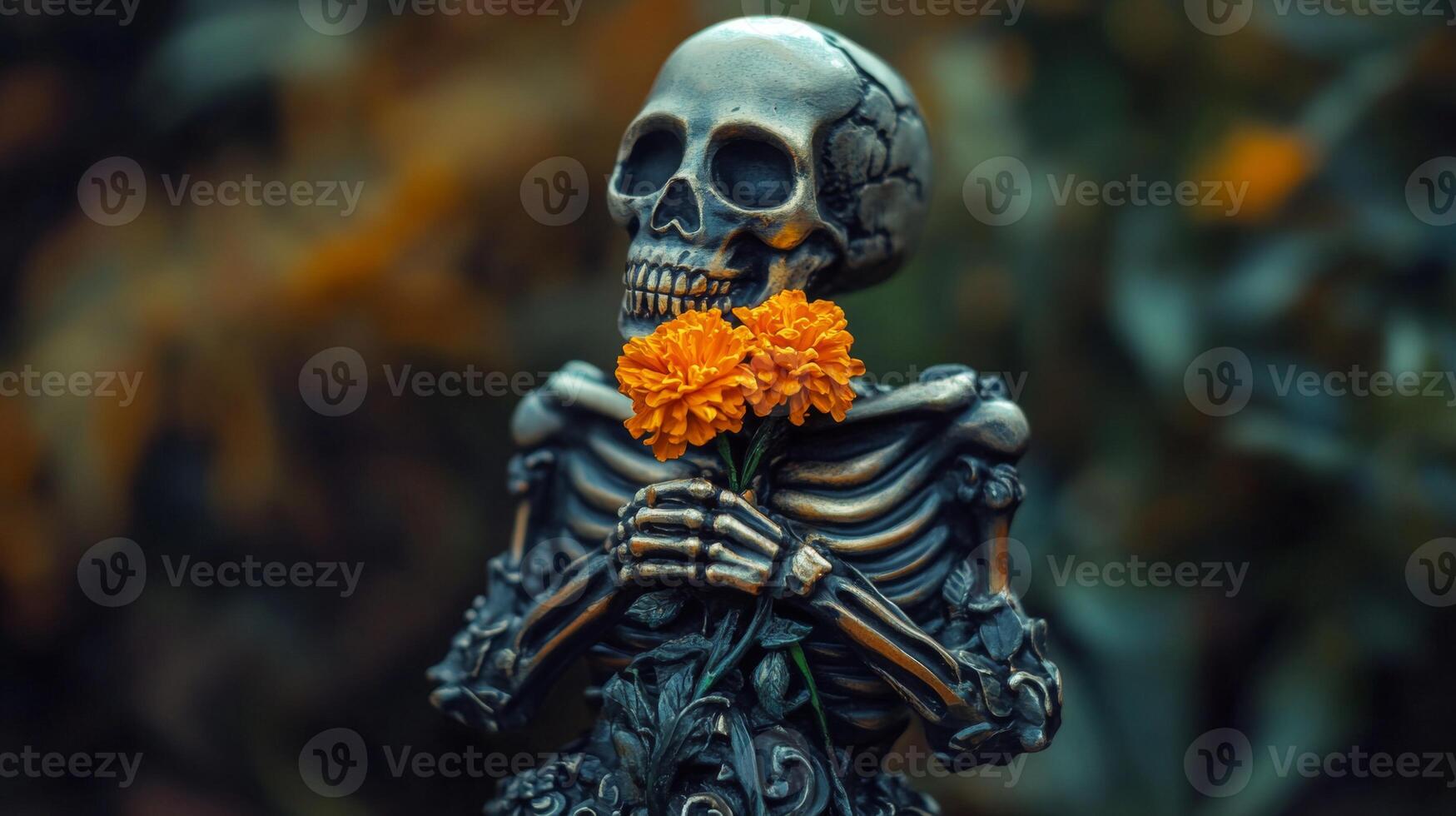 Skeleton Holding Orange Flowers photo