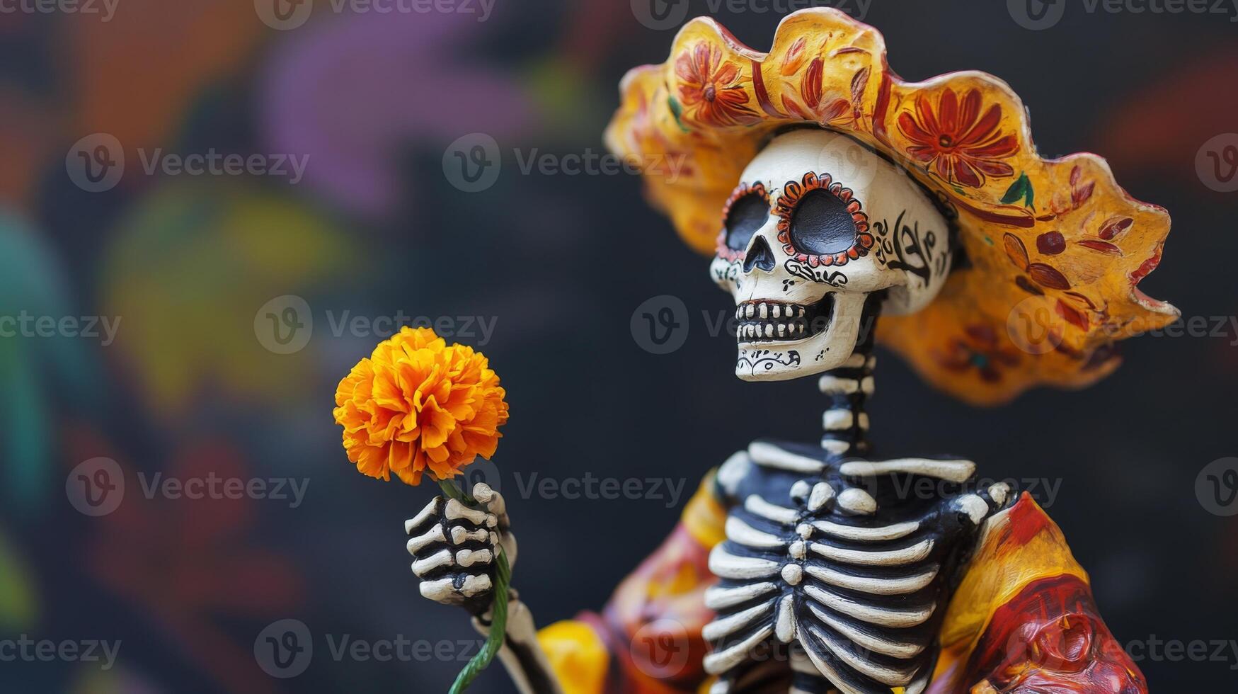 A Sugar Skull Holding a Marigold Flower photo