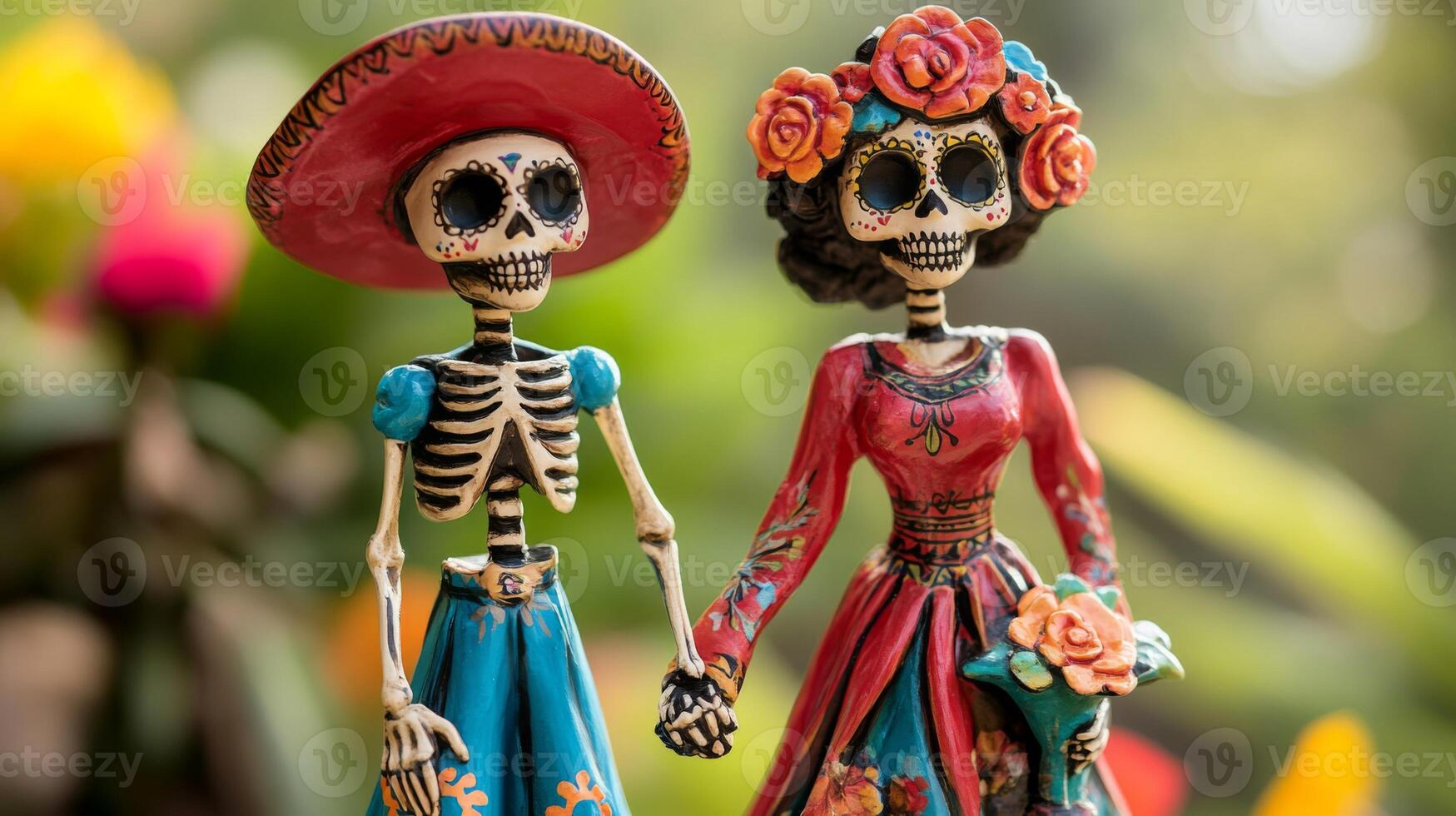Decorated Skeleton Couple Figurines Holding Hands photo