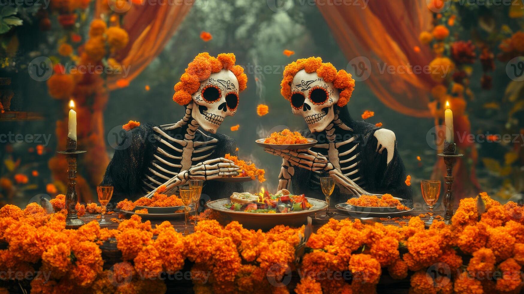 Two Skeletons Enjoying a Meal Decorated with Marigolds photo
