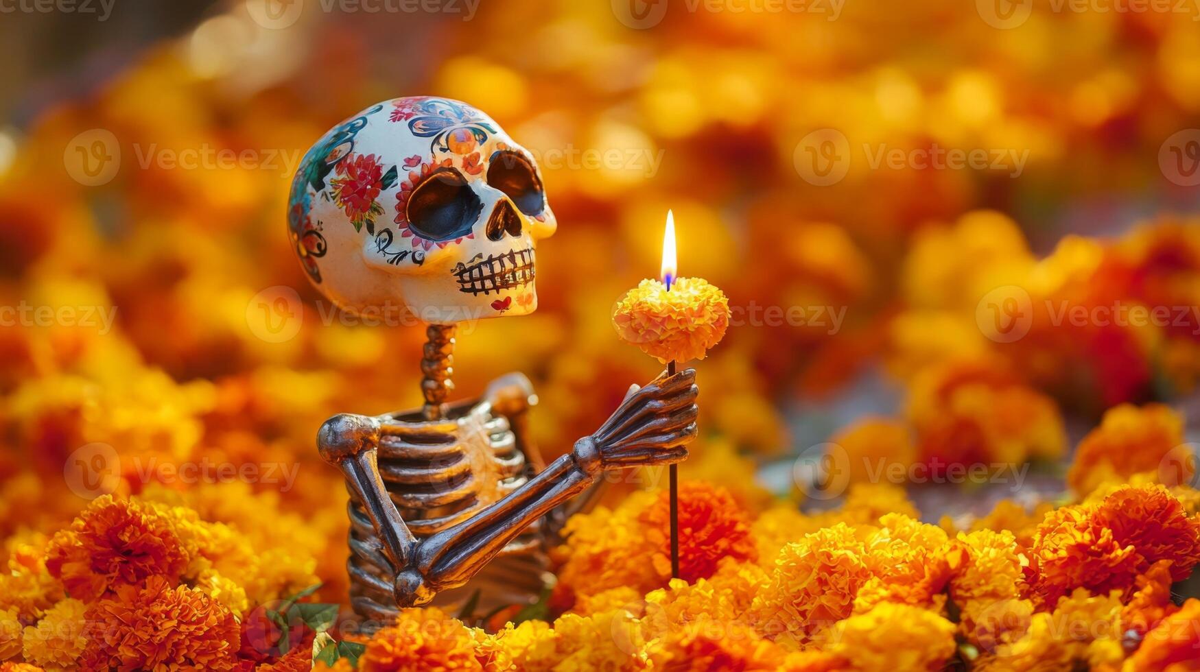 Decorated Skull Skeleton Holding a Lit Marigold Candle photo