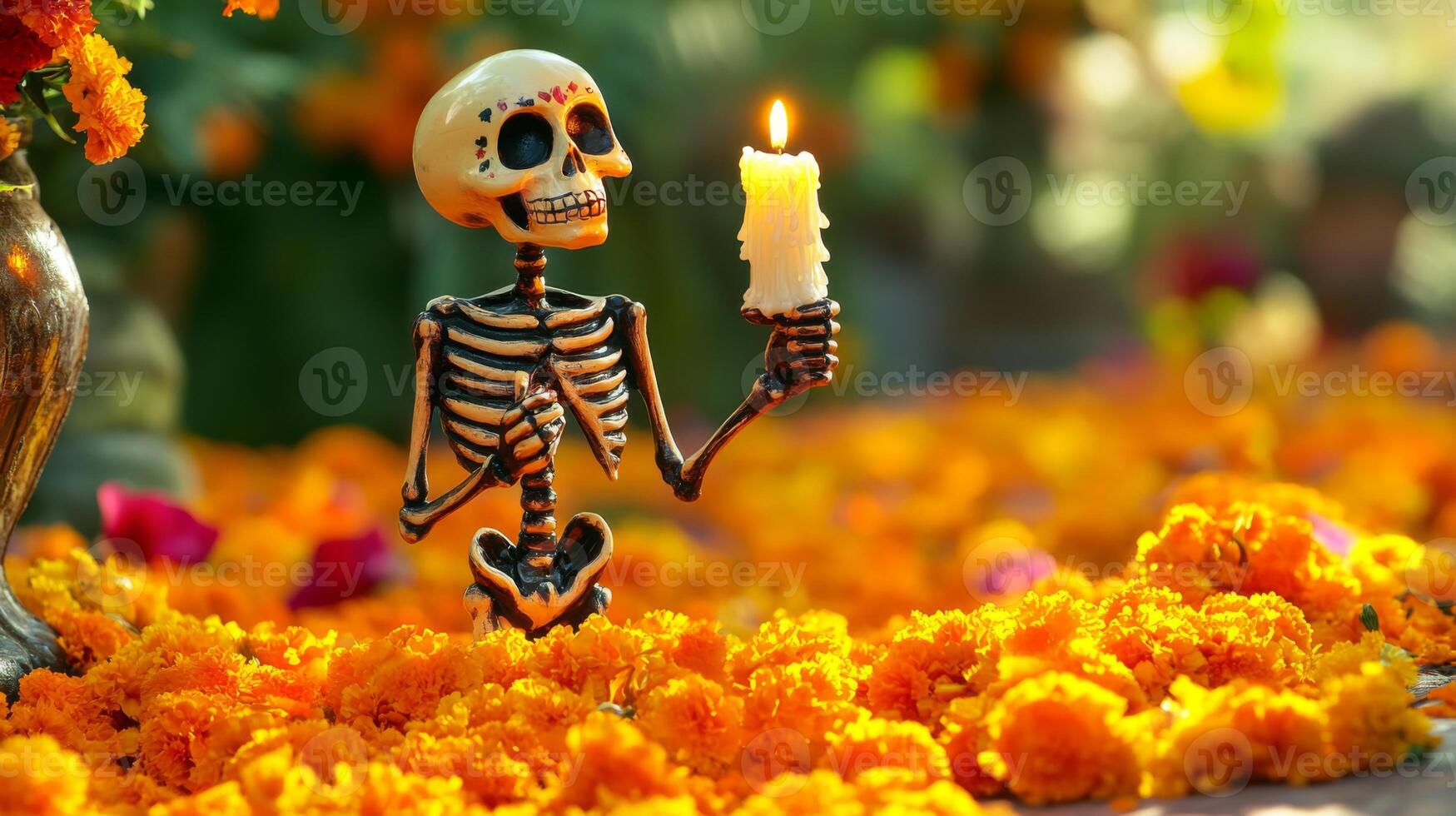 Skeleton Holding a Candle Surrounded by Marigold Flowers photo