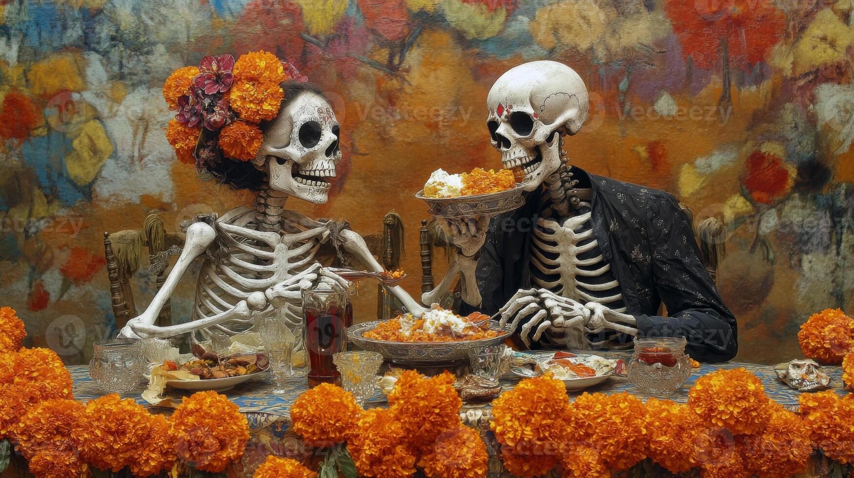 Two Skeletons Sharing a Meal with Marigolds and Drinks photo