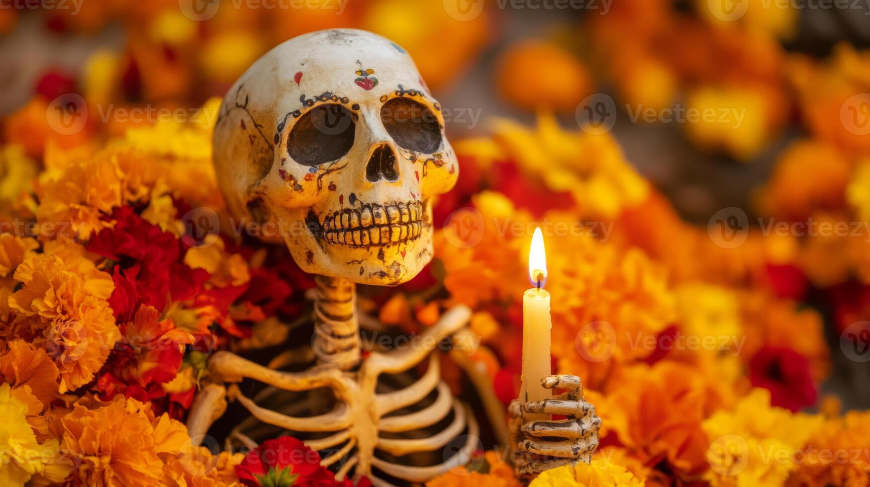 Decorated Skull Skeleton Holding a Candle Amidst Marigold Flowers photo