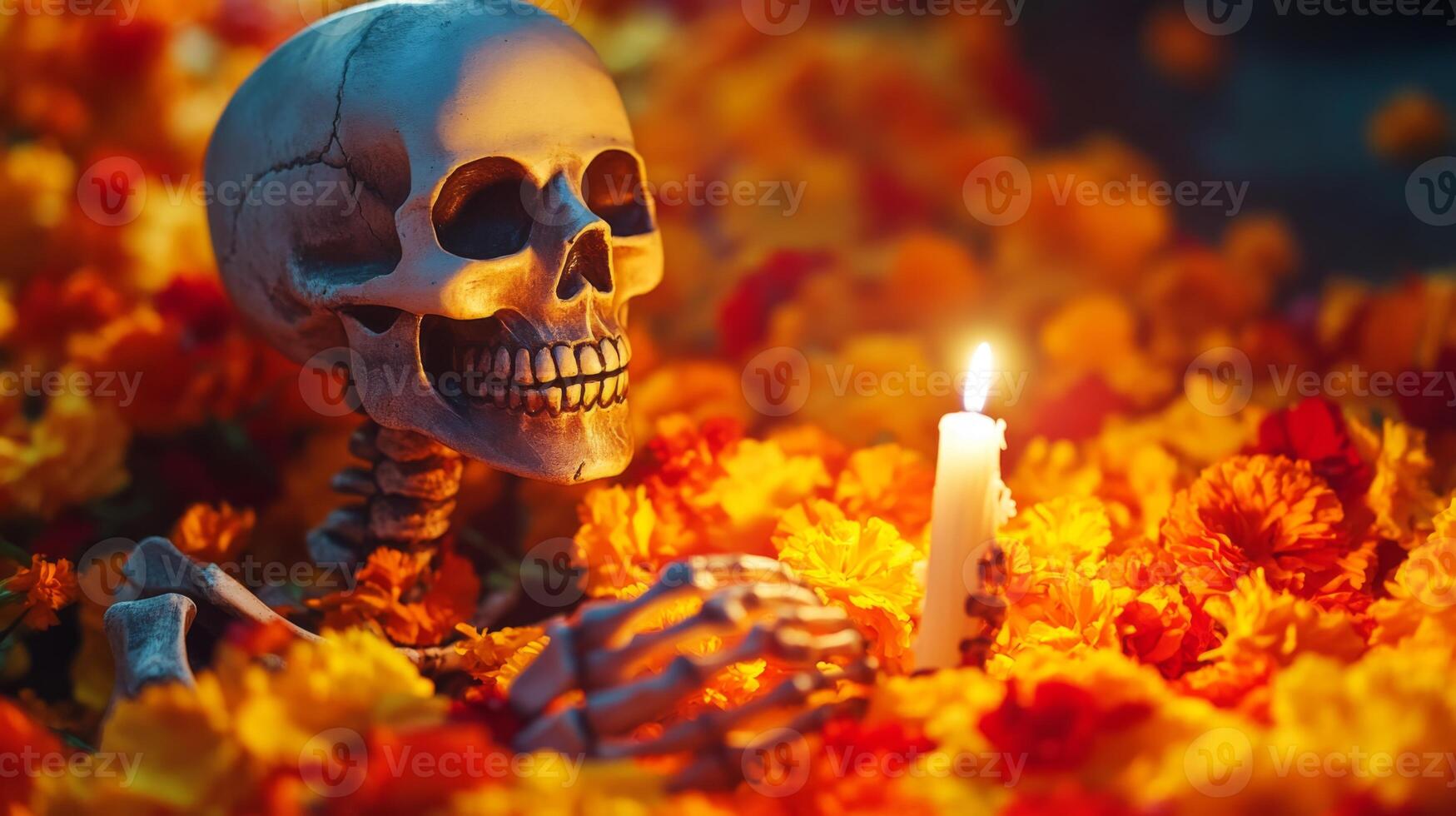 A Skeleton Skull Amidst Marigolds and a Candle photo