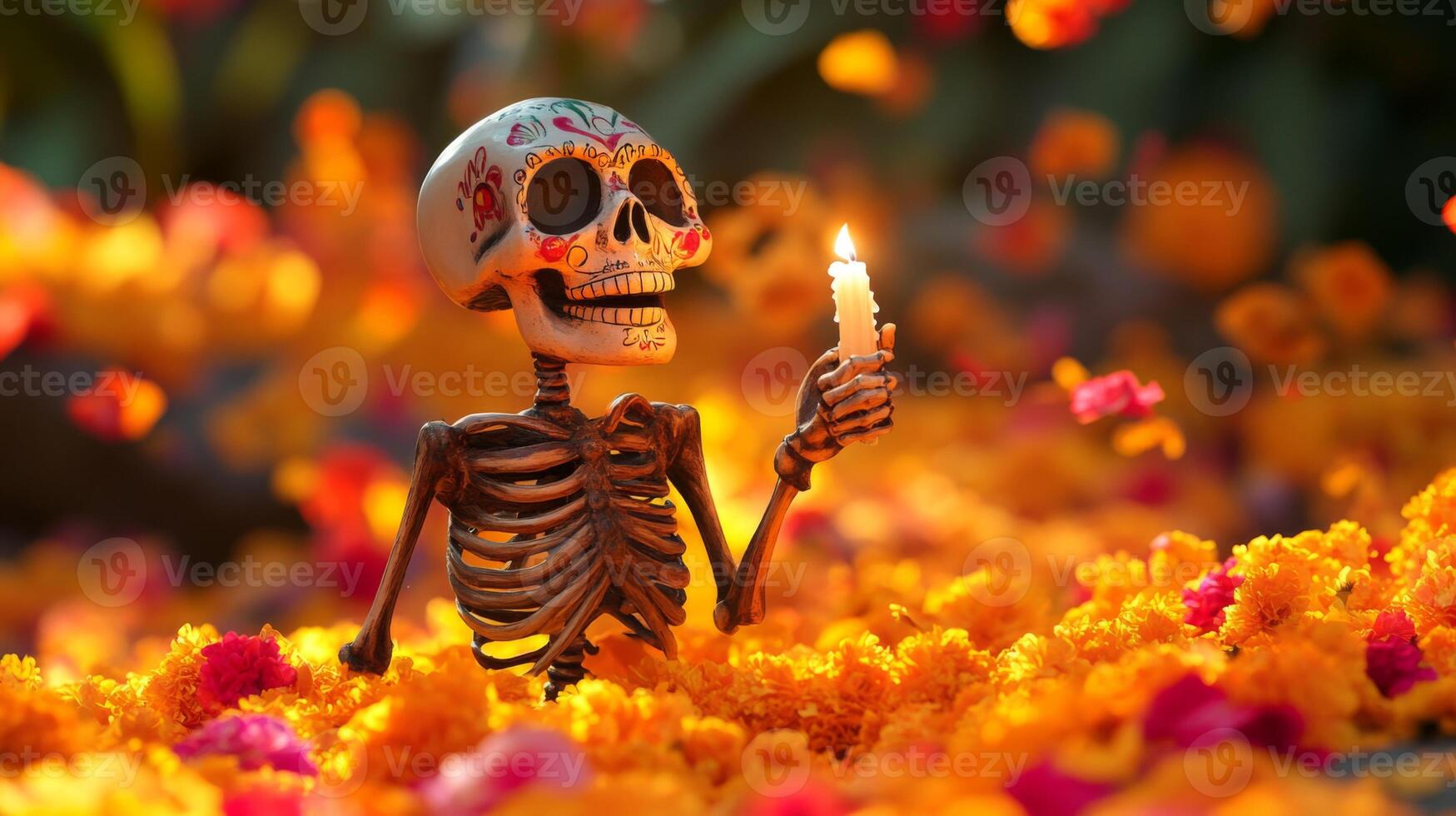 Sugar Skull Skeleton Holding a Lit Candle Amidst Orange Flowers photo