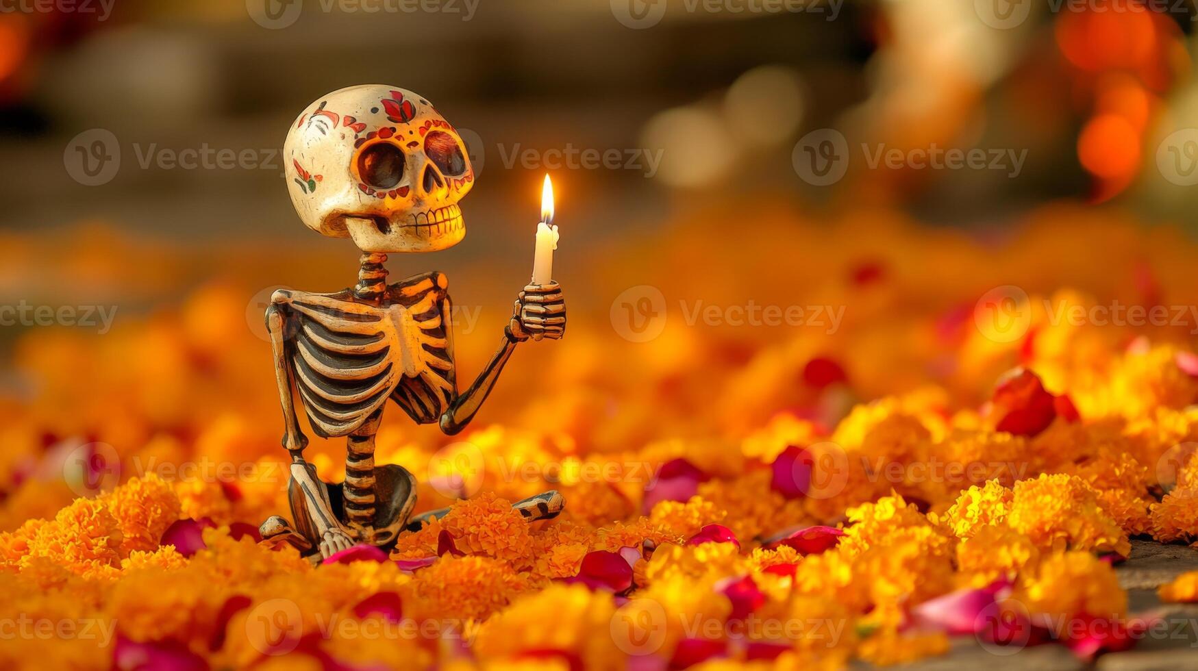 Day of the Dead Skeleton Holding a Candle in a Bed of Marigolds photo