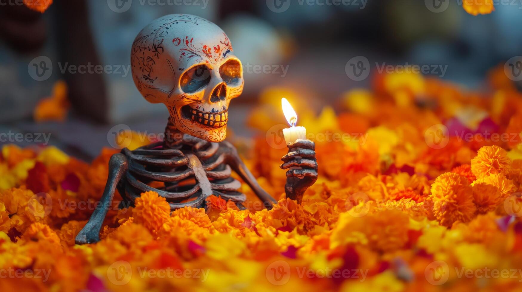 Decorated Skull Skeleton Holding a Candle Amidst Orange Marigolds photo