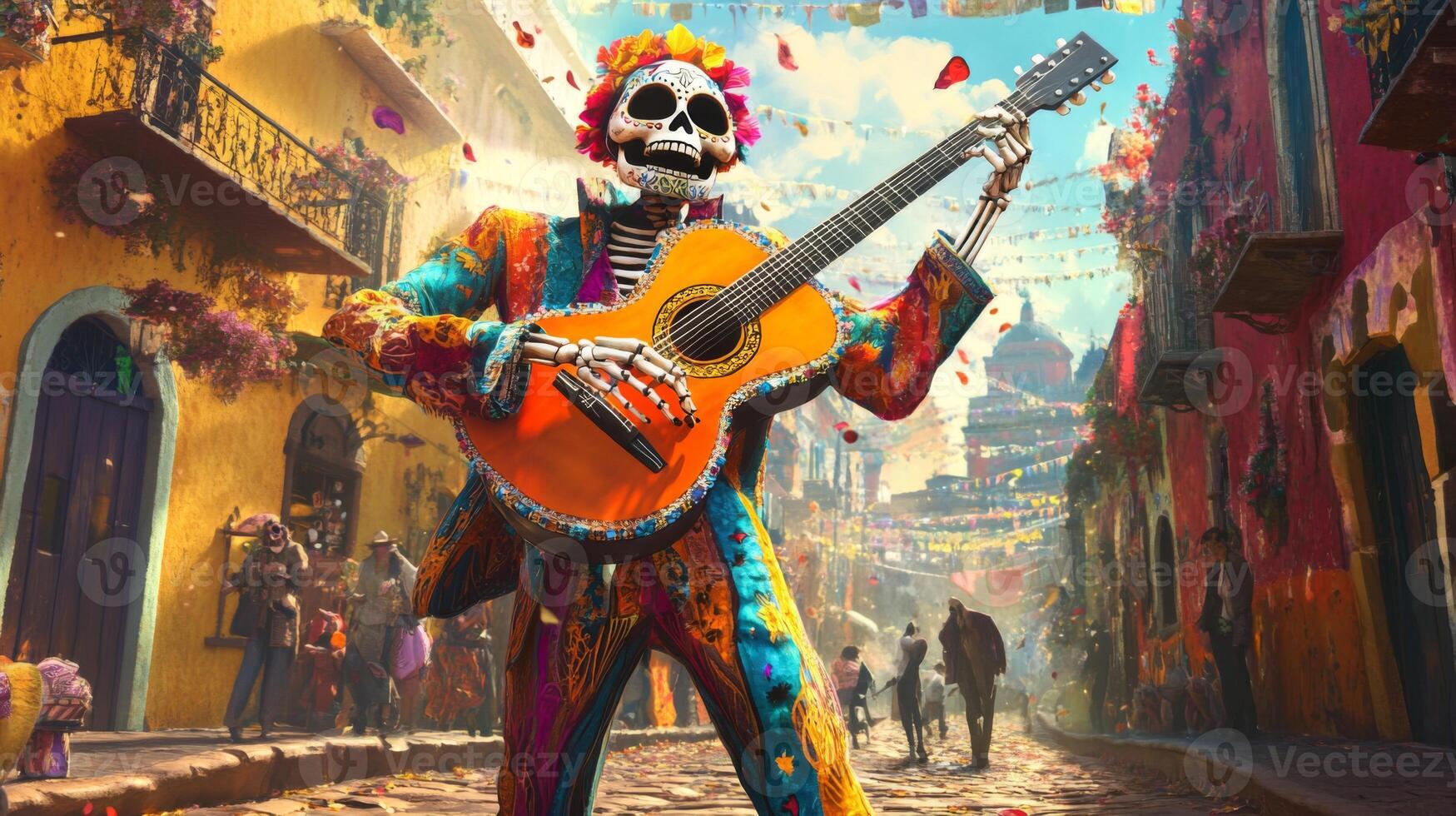 A Day of the Dead Skeleton Playing Guitar in a Festive Street photo