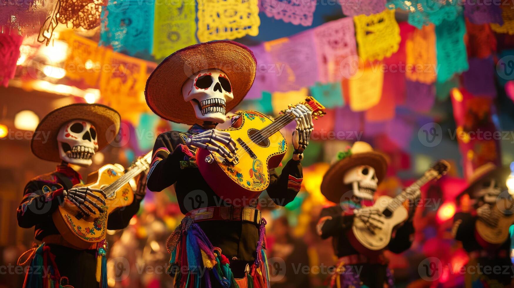 Skeleton Musicians Playing Guitars at a Day of the Dead Celebration photo