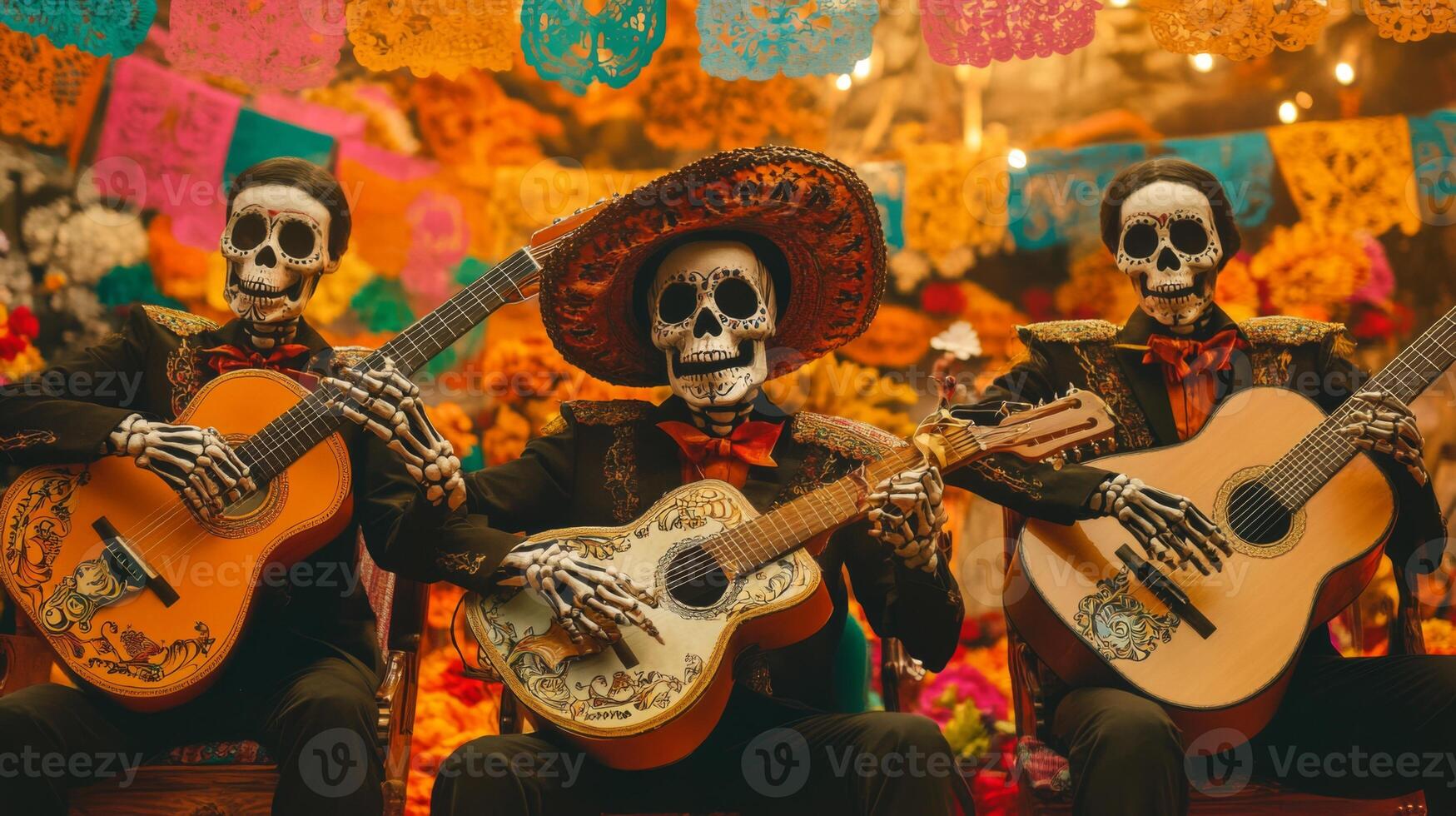 Three Skeletons Playing Guitars Dressed in Traditional Mexican Clothing photo