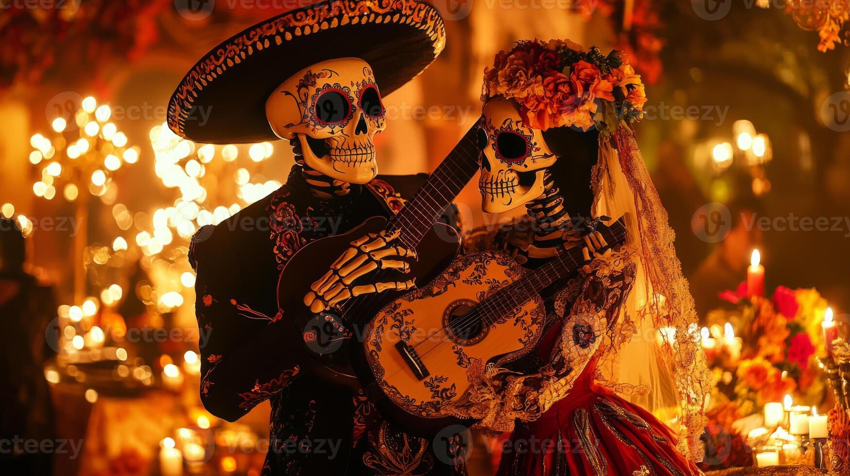 Skeletons in Traditional Mexican Clothing Playing Guitars with Floral Decor and Candles photo